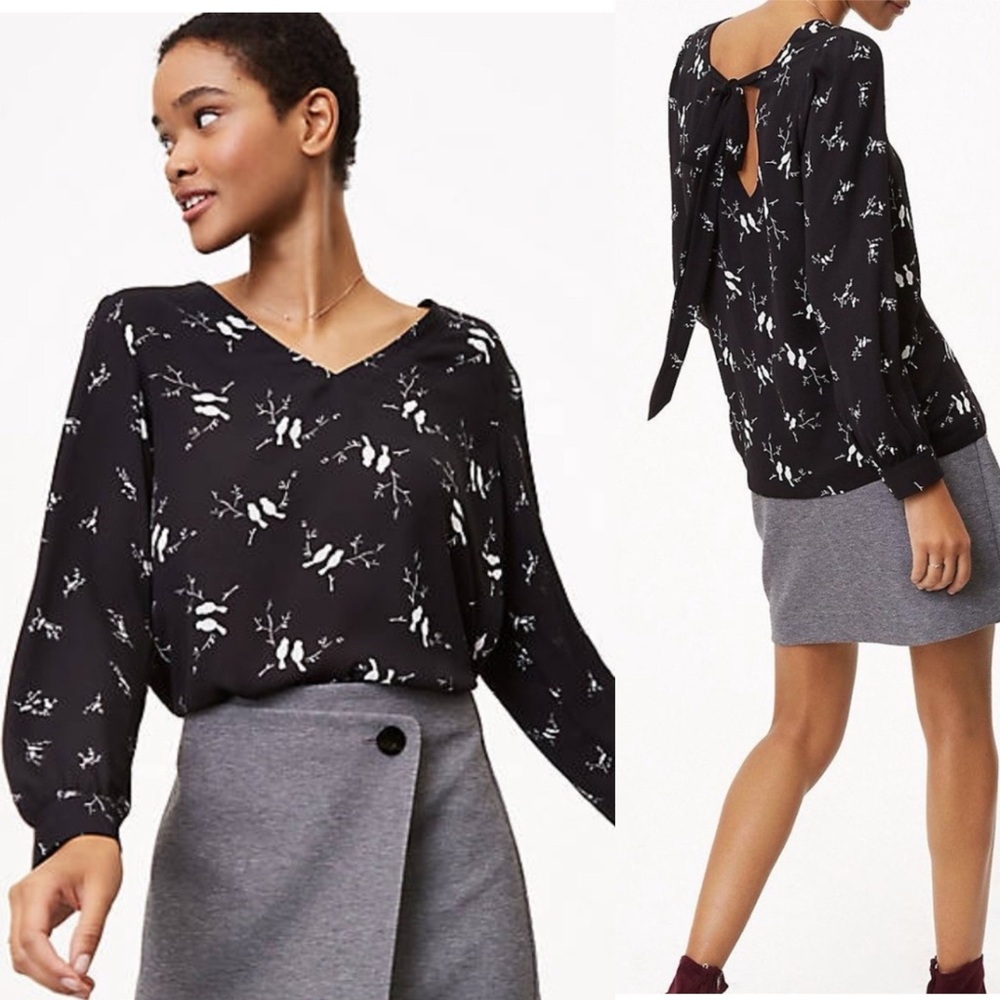 LOFT Black & White Bird Print Long-Sleeved Blouse -V Back with Tie Button Cuffs